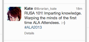 RUSA member Kate Kosturski’s mid-session tweet, sent out shortly before she won a bottle of wine in the raffle.