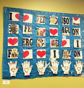 <i>Hands Up, Don’t Shoot Quilt</i> by Heidi Lung on the wall of the Ferguson Municipal Public Library.