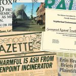 Items from the Greenpoint collection, including a newspaper, a photo of an implosion of natural gas storage tanks, and an award presented to Greenpoint Against Smell and Pollution. (Photos: Brooklyn (N.Y.) Public Library, Brooklyn Collection)