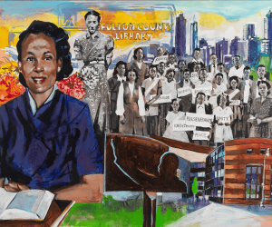 Fulton County Library card depicting pioneering Black librarian Annie L. McPheeters
