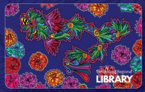 Library card featuring the Mesoamerican deity Quetzalcoatl from Timberland Regional Library