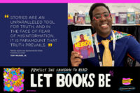 Tony Weaver, Jr., with his quote, “Book bans are pervasive and insidious threats to creative expression and intellectual freedom. Stories are an unparalleled tool for truth, and in the face of fear of misinformation, it is paramount that truth prevails.”