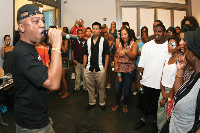 Singer Paten Locke performing at JPL's Main Library in July 2011.