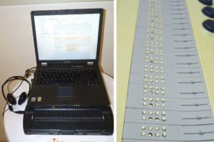 Two different types of refreshable Braille display laptop readers demonstrated at the 2011 Universal Learning Design Conference, Brno, Czech Republic.