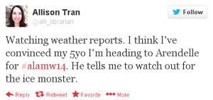 Allison Tran tweets: “Watching weather reports. I think I’ve convinced my 5yo I’m heading to Arendelle for #alamw14. He tells me to watch out for the ice monster.”