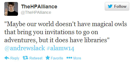 The HP Alliance tweets: “Maybe our world doesn't have magical owls that bring you invitations to go on adventures, but it does have libraries.”