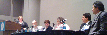 Moderator Ginger Clark (left), representing the Association of Authors Representatives, with panelists Paul Aiken of the Authors Guild, ALA President Maureen Sullivan, Carolyn Reidy of Simon &amp; Schuster, Steve Potash of OverDrive, and Jack Perry of 38enso Inc. Photo by Alan Inouye