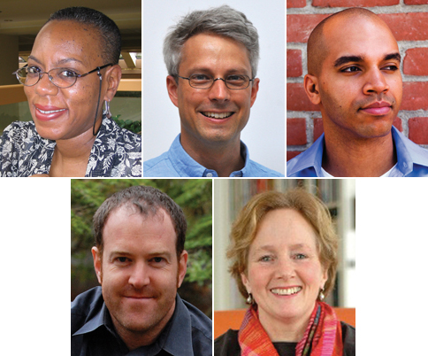 ERT/Booklist Author Forum speakers (top from L to R): Tonya Bolden, Brian Floca, Kadir Nelson. Bottom (L to R): Steve Sheinkin and Melissa Sweet.