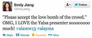 "Please accept the love bomb of the crowd." OMG, I LOVE the Yalsa presenter soooooo much! #alamw13 #alayma