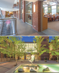 (Top) Darien (Conn.) Library glass-enclosed atrium and staircase. (Bottom) The library's entryway. (Photo: Robert Mintzes)