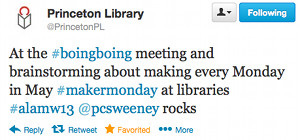At the #boingboing meeting and brainstorming about making every Monday in May #makermonday at libraries #alamw13 @pcsweeney rocks