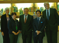 In front of the Random House book display: ALA President Barbara Stripling (left), ALA Immediate Past President Maureen Sullivan, ALA Executive Director Keith Michael Fiels, ALA Office for Library Technology Policy Alan S. Inouye, and ALA Digital Content and Libraries Working Group Co-chair Robert Wolven.