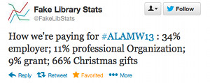 How we're paying for #ALAMW13: 34% employer; 11% professional Organization; 9% grant; 66% Christmas gifts