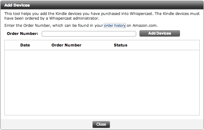 “Add Devices” screen for an Amazon Whispercast account