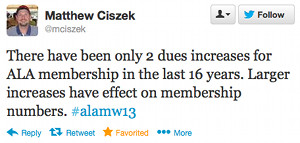 There have been only 2 dues increases for ALA membership in the last 16 years. Larger increases have effect on membership numbers. #alamw13