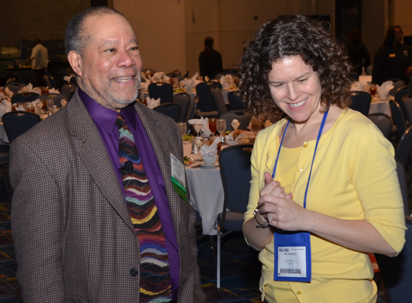 Author Jerry Pinkney and PLA's Amy Sargent prepare for the Children's Author Lunch.