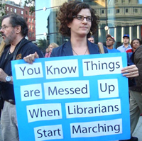 Middle-school librarian Rachael Myers on Wall Street. Photo by Marion Siegel