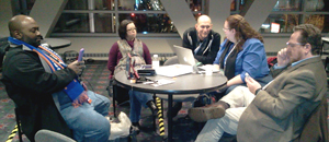 Faces in a Google+ Hangout: Maurice Coleman (left), ALA Councilor Courtney Fuson, and LITA board members David Lee King, Rachel Vacek, and Jason Griffey. Photo by Paul Signorelli