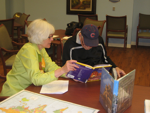 Karen Maki, deputy director of GBPL, with a "traveler" who is participating in the Tales and Travels program.