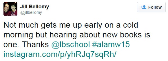 Not much gets me up early on a cold morning but hearing about new books is one. Thanks @lbschool #alamw15 http://instagram.com/p/yhRJq7sqRh/ 