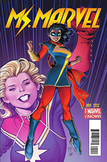 Kamala Khan (center) on a variant cover of Ms. Marvel #1 (February 2014). Art by Arthur Adams