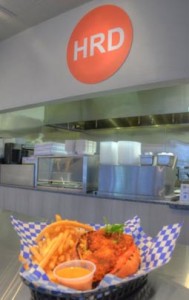 Breaded oyster po'boy and fries at HRD Coffee Shop.