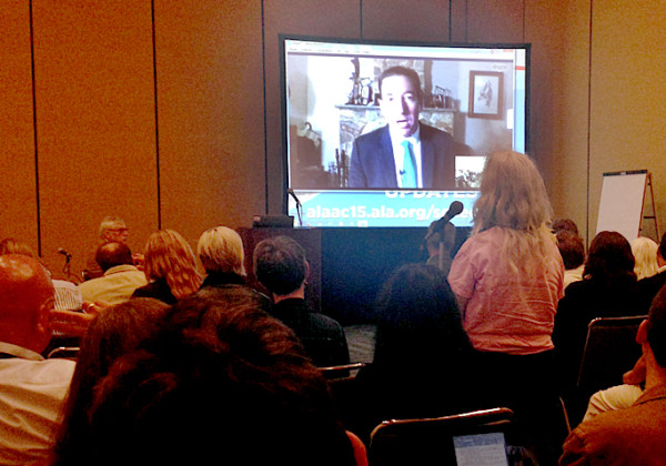 Glenn Greenwald speaks via Skype at the 2015 ALA Annual Conference and Exhibition.