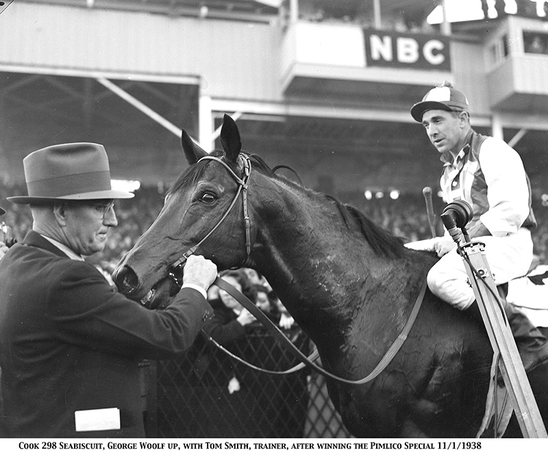 Seabiscuit with jockey George Woolf and trainer Tom Smith after winning the Pimlico Special, November 1, 1938. (Photo: Keeneland Library)