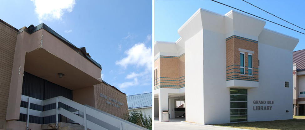 Jefferson Parish (La.) Library's (JPL) Grand Isle branch (left) destroyed after Hurricane Katrina, and the newly rebuilt Grand Isle Library (right) that opened in 2012. JPL was one of the library systems the State Library of Louisiana communicated with following the storm. Photos: Jefferson Parish Library