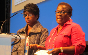 Esmeralda Kale (left), librarian at the Herskovits Library of African Studies at Northwestern University, and Araba Dawson-Andoh, Africana librarian at Ohio University, discuss the Cooperative Africana Materials Project (CAMP).