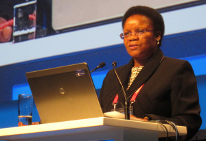 National Librarian of South Africa Rocky Ralebipi-Simela speaks at the IFLA President’s Program at the World Library and Information Congress in Cape Town, South Africa, on August 17.