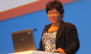 Alinah Kelo Segobye, former deputy executive director of the Human Sciences Research Council in South Africa, speaking at IFLA's World Library and Information Congress in Cape Town, August 18, 2015.