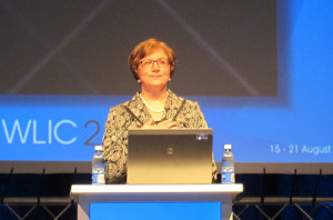 IFLA President Sinikka Sipilä, secretary general of the Finnish Library Association, at the closing session of IFLA's 2015 World Library and Information Congress in Cape Town, South Africa.