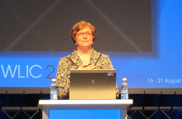 IFLA President Sinikka Sipilä, secretary general of the Finnish Library Association, at the closing session of IFLA's 2015 World Library and Information Congress in Cape Town, South Africa.