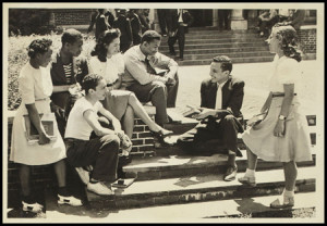 Students on library steps.