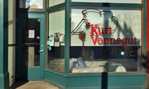 The window of the Kurt Vonnegut Memorial Library in Indianapolis, where librarian Rick Provine will spend Banned Books Week "locked in" 24 hours a day.