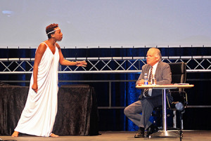 Chi Mhende as Hypatia and David Muller as a journalist in The Hypatiad. Photo: Natalia Molebatsi