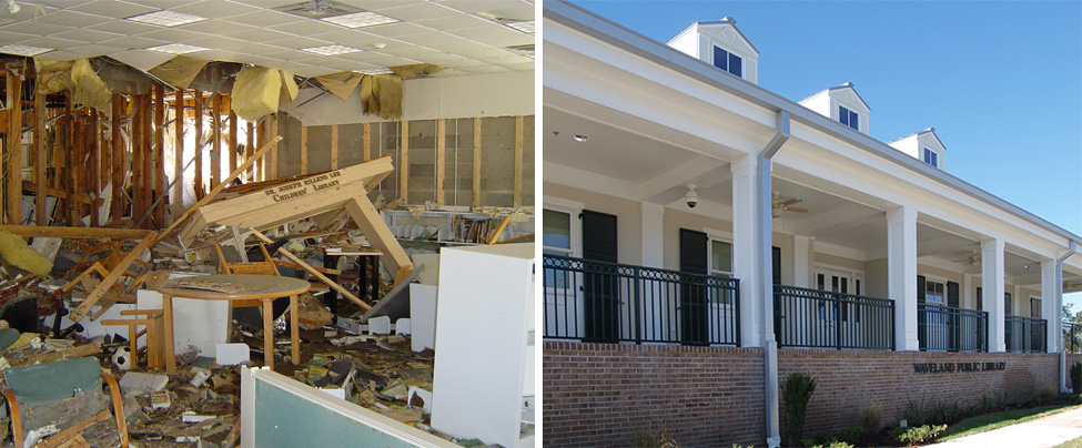 Damage sustained to the Hancock County (Miss.) Library System's Waveland branch (left) from Hurricane Katrina in 2005, and the new Waveland Public Library (right) that reopened in 2011. Photos: Hancock County Library System