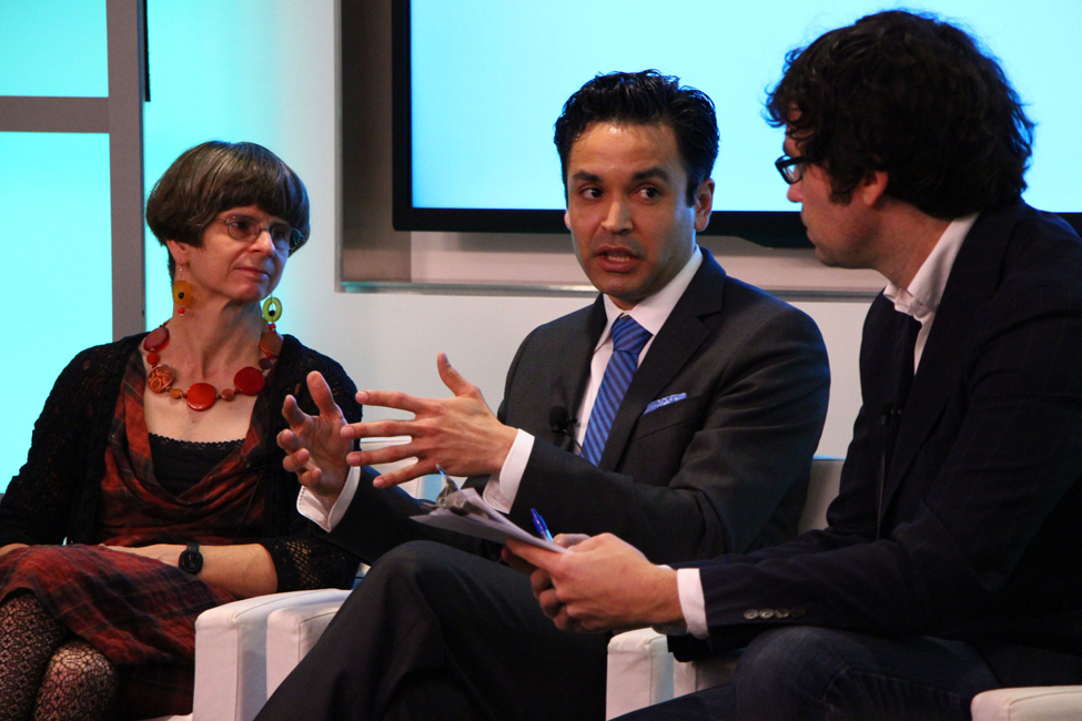 Miguel Figueroa, ALA director of the Center for the Future of Libraries (center) responds to a question by moderator Justin Peters, correspondent with Slate. At left is fellow panelist Elizabeth Merritt, founding director of the Center for the Future of Museums at the American Association of Museums.