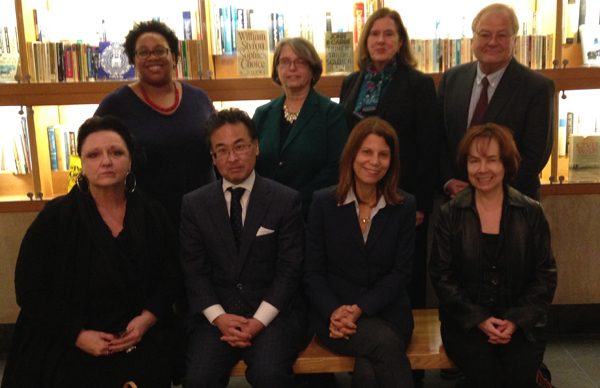 ALA leaders gathered in New York to meet with several publishers. Back row, from left: ALA Past President Courtney Young; Erika Linke, DCWG cochair and Associate Dean and Director of Research and Academic Services at Carnegie Mellon University Libraries; DCWG cochair and director of Skokie (Ill.) Public Library Carolyn Anthony; and ALA Executive Director Keith Michael Fiels. Front row, from left: Julie Todaro, dean of library services at Austin (Tex.) Community College and 2016-2017 ALA President; OITP Director Alan Inouye; ALA President Sari Feldman; and OITP Program Director Carrie Russell.