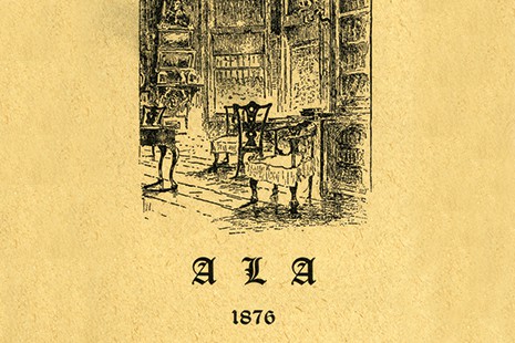 Card from the first American Library Association conference in Philadelphia, October 4-6, 1876, possibly showing the library of the Historical Society of Pennsylvania.