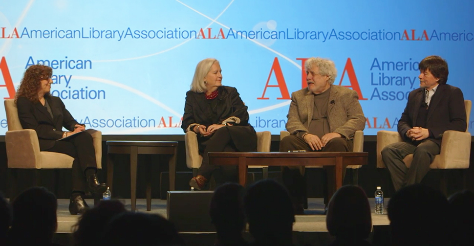 Left to right: Donna Seaman, Terry Tempest Williams, Mark Kurlansky, Ken Burns