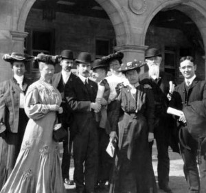 1904 Annual Conference attendees (in unknown order): Mary Letitia Jones (Los Angeles Public Library), Charles Wesley Smith (Seattle Public Library), Walter M. Smith (University of Wisconsin, Madison), Frank Barna Bigelow (New York Society Library), Frank Pierce Hill (Brooklyn Public Library), Isabel Ely Lord (Pratt Institute Free Library), Helen Elizabeth Haines (managing editor, Library Journal), Aksel Andersson (Uppsala University, Sweden). Credit: ALA Archives.