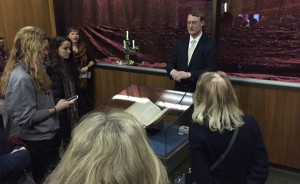 Daniel Johnson, English and digital humanities librarian at Notre Dame, conducts the final First Folio tour at Hesburgh Library. 