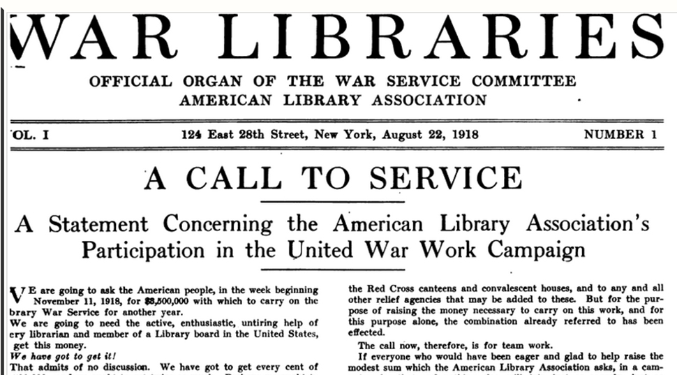 First page of War Libraries: Official Organ of the War Service Committee, American Library Association, 1918.