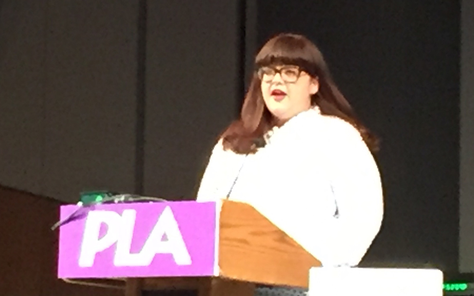 Author, podcast host, and motivational speaker Kari Chapin inspires the crowd at the Public Library Association Conference in Denver, April 6, 2016.