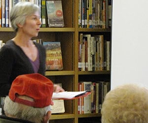 Library Director Wendy Campbell introduces the lecturer.