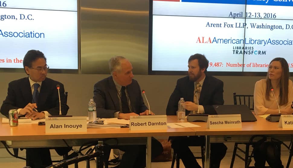 At the ALA National Policy Convening, Alan S. Inouye (left) moderates a panel on "Future Directions for the Library of Congress," featuring Robert Darnton, Carl H. Pforzheimer University Professor and university librarian emeritus of Harvard University; Sascha Meinrath, Palmer Chair in Telecommunications at Penn State University; and Katie Oyama, senior policy counsel of Google.