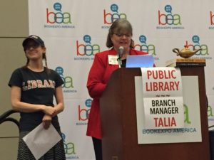 Talia Sherer, director of library marketing at Macmillan (left), and Wendy Bartlett of Cuyahoga County (Ohio) Public Library present at BEA.