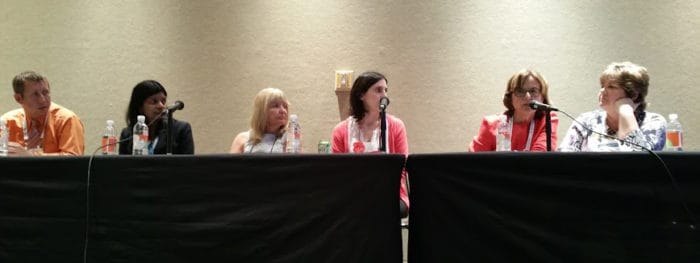 The “Write Stuff” panel, from left: Carl Harvey II, Mega Subramaniam, Nancy Everhart, Meg Featheringham, Deb Levitov, and RoseMary Honnold